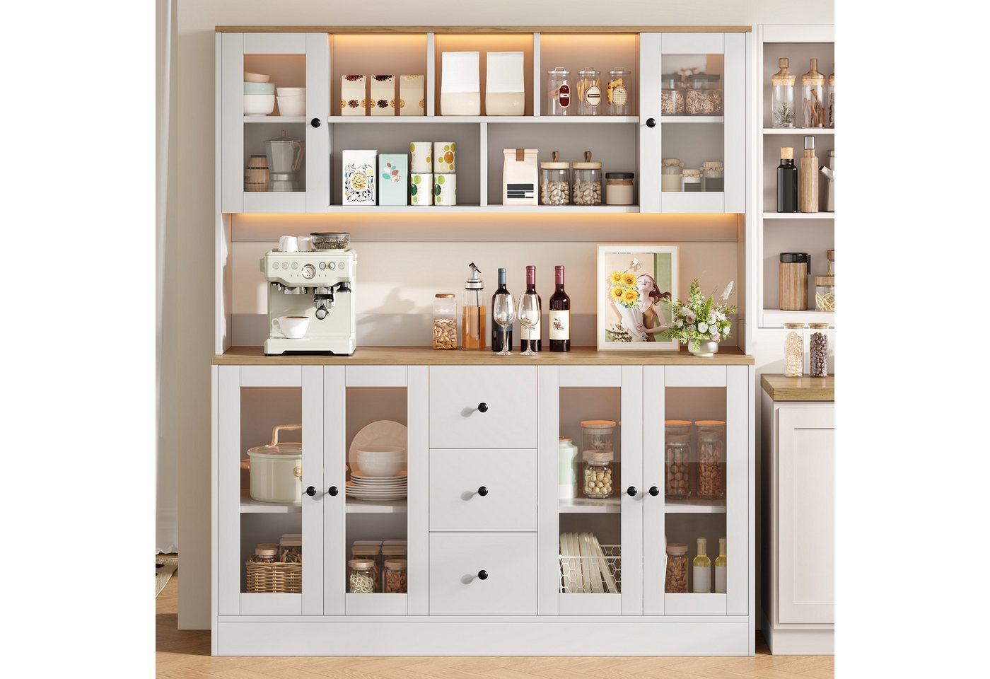 Flieks Küchenbuffet Hochschrank mit Arbeitsplatte Holzoptik, LED-Beleuchtung, Steckdose (150x40x173 cm, 1-St., Multifunktionsschrank mit verstellbarer Einlegeböden) Vorratsschrank Vitrinenschrank mit 6 Acryltüren und 3 Schubladen Weiß