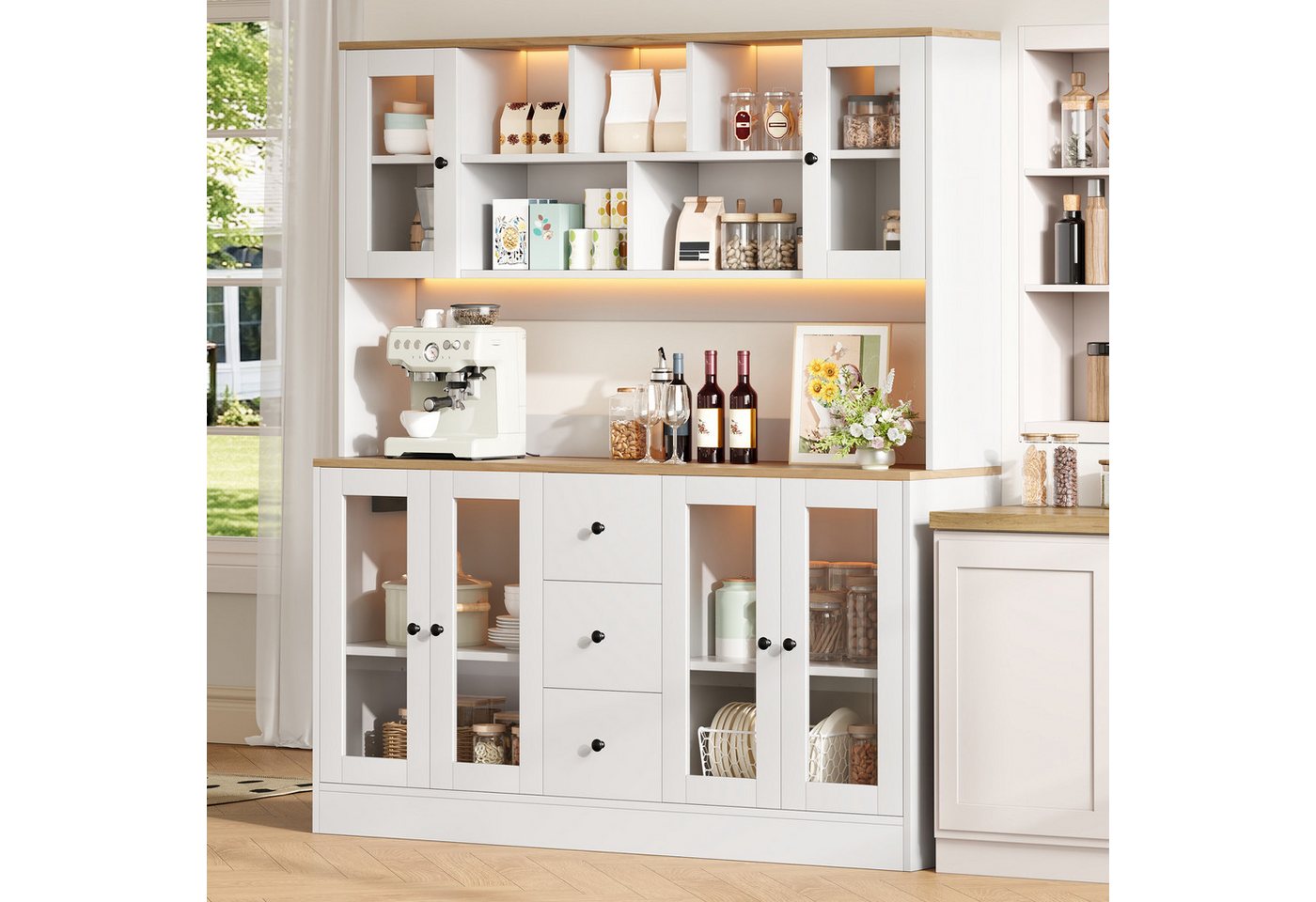 Flieks Küchenbuffet Hochschrank mit Arbeitsplatte Holzoptik, LED-Beleuchtung, Steckdose (150x40x173 cm, 1-St., Multifunktionsschrank mit verstellbarer Einlegeböden) Vorratsschrank Vitrinenschrank mit 6 Acryltüren und 3 Schubladen Weiß Bild 2