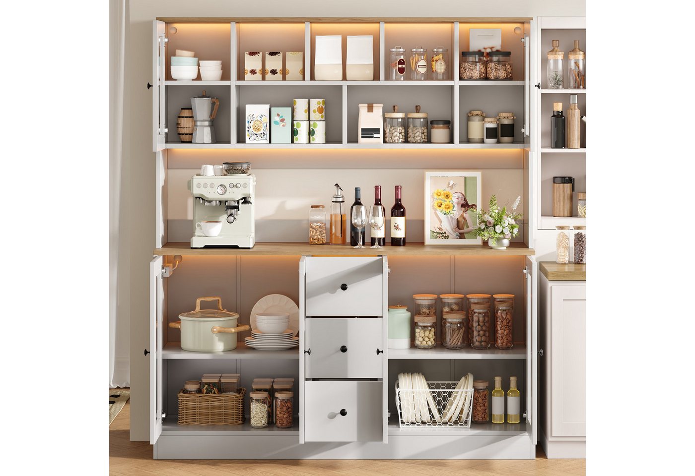 Flieks Küchenbuffet Hochschrank mit Arbeitsplatte Holzoptik, LED-Beleuchtung, Steckdose (150x40x173 cm, 1-St., Multifunktionsschrank mit verstellbarer Einlegeböden) Vorratsschrank Vitrinenschrank mit 6 Acryltüren und 3 Schubladen Weiß Bild 3
