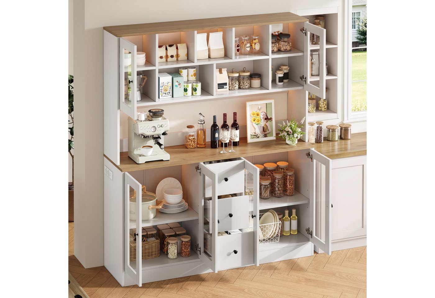 Flieks Küchenbuffet Hochschrank mit Arbeitsplatte Holzoptik, LED-Beleuchtung, Steckdose (150x40x173 cm, 1-St., Multifunktionsschrank mit verstellbarer Einlegeböden) Vorratsschrank Vitrinenschrank mit 6 Acryltüren und 3 Schubladen Weiß Bild 4