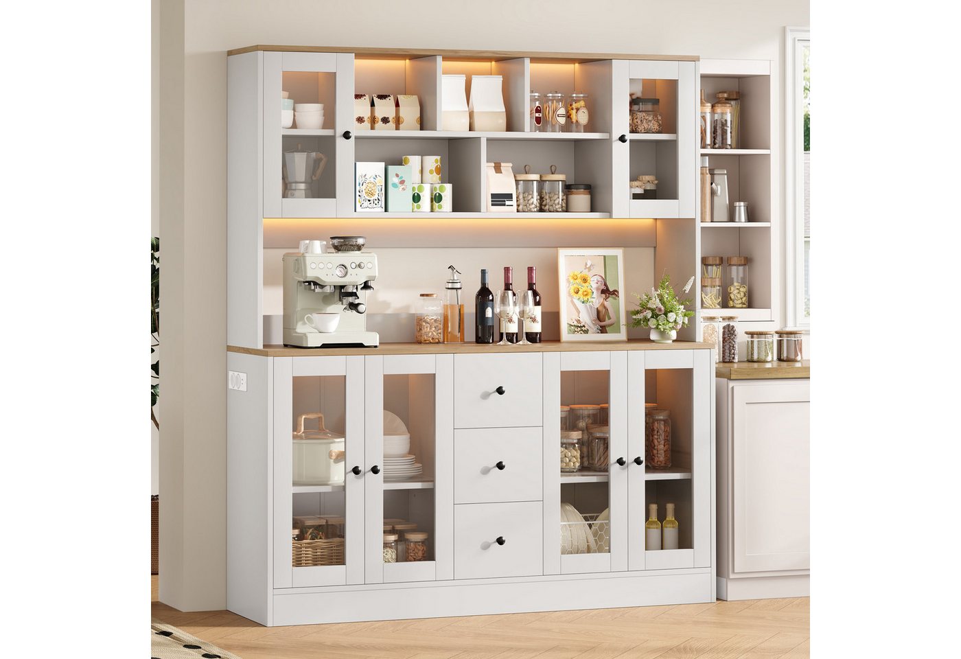 Flieks Küchenbuffet Hochschrank mit Arbeitsplatte Holzoptik, LED-Beleuchtung, Steckdose (150x40x173 cm, 1-St., Multifunktionsschrank mit verstellbarer Einlegeböden) Vorratsschrank Vitrinenschrank mit 6 Acryltüren und 3 Schubladen Weiß Bild 5