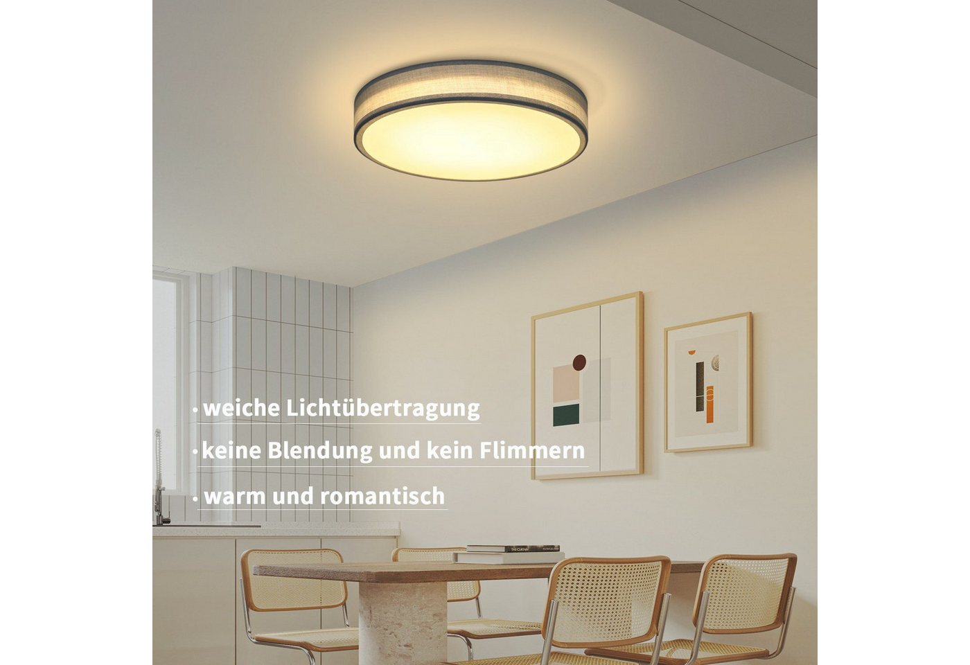 ZMH LED Deckenleuchte Grau, rund, 10W 3000K warmweißes Licht, kein Blendlicht, kein Flimmern, LED fest integriert, Lampenschirm aus Stoff, geeignet für Schlafzimmer und Wohnzimmer Bild 2