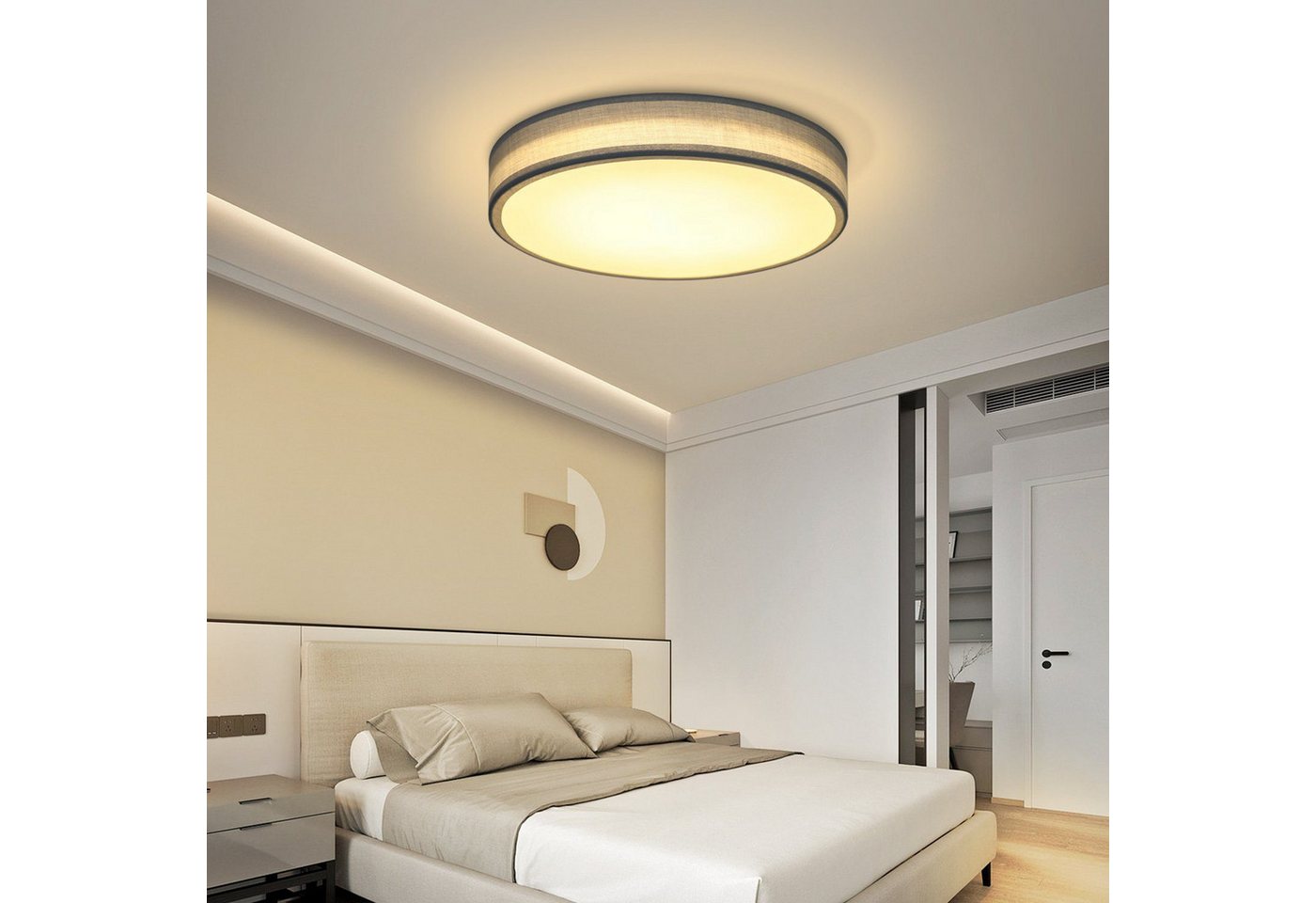 ZMH LED Deckenleuchte Grau, rund, 10W 3000K warmweißes Licht, kein Blendlicht, kein Flimmern, LED fest integriert, Lampenschirm aus Stoff, geeignet für Schlafzimmer und Wohnzimmer Bild 4