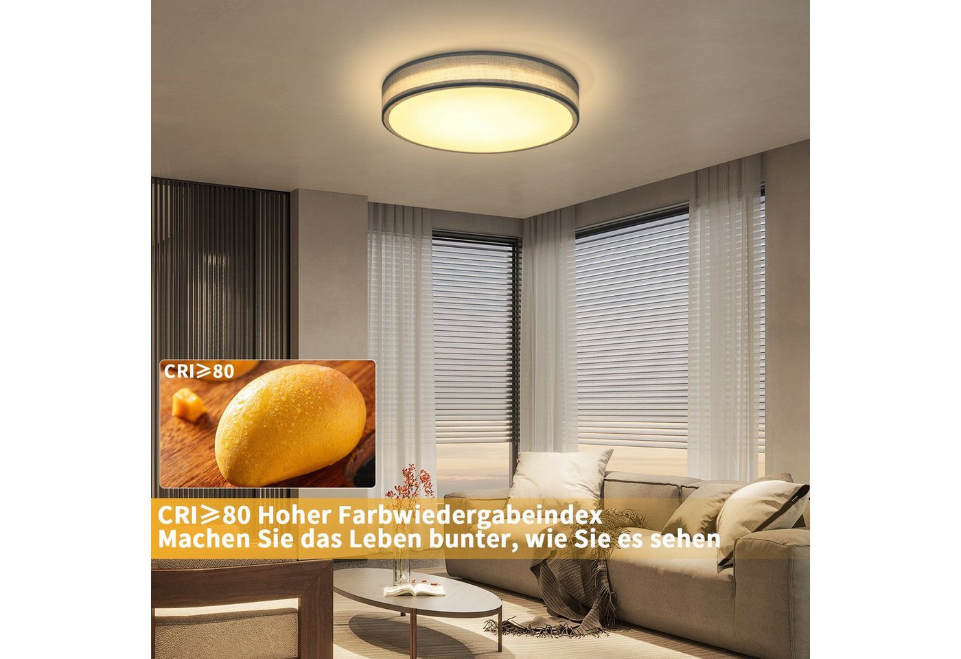ZMH LED Deckenleuchte Grau, rund, 10W 3000K warmweißes Licht, kein Blendlicht, kein Flimmern, LED fest integriert, Lampenschirm aus Stoff, geeignet für Schlafzimmer und Wohnzimmer Bild 5