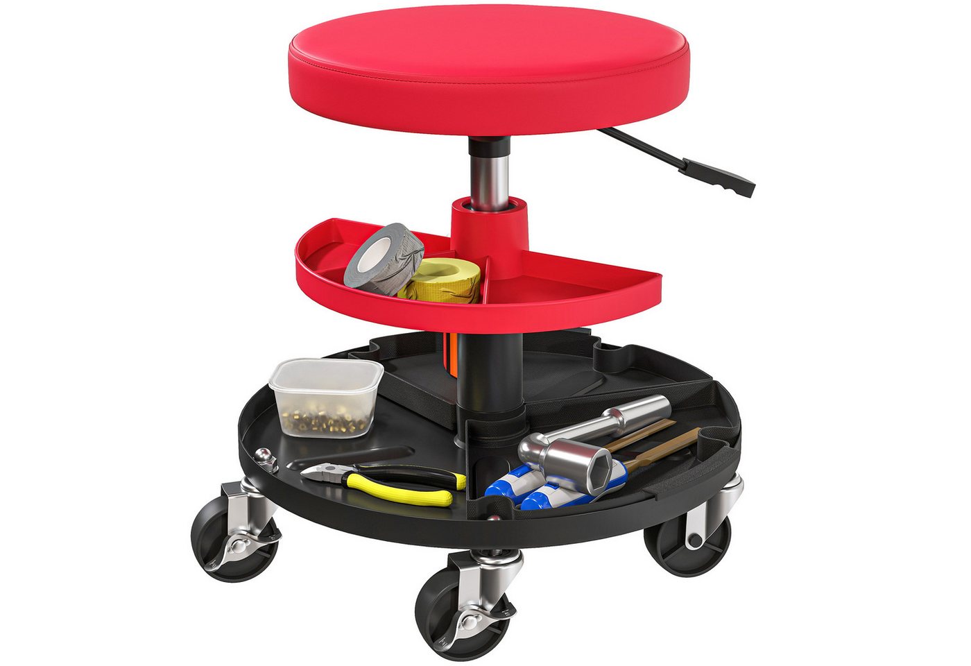 HOMCOM Montagehocker Arbeitshocker mit Rollen Tabletts drehbar Rollsitz Drehhocker (rollbarer Werkstatthocker, 1 St., höhenverstellbar 40-51cm Rollhocker), bis 135 kg belastbar, Ø38 cm Werkstattsitz für Werkstatt Rot Bild 2