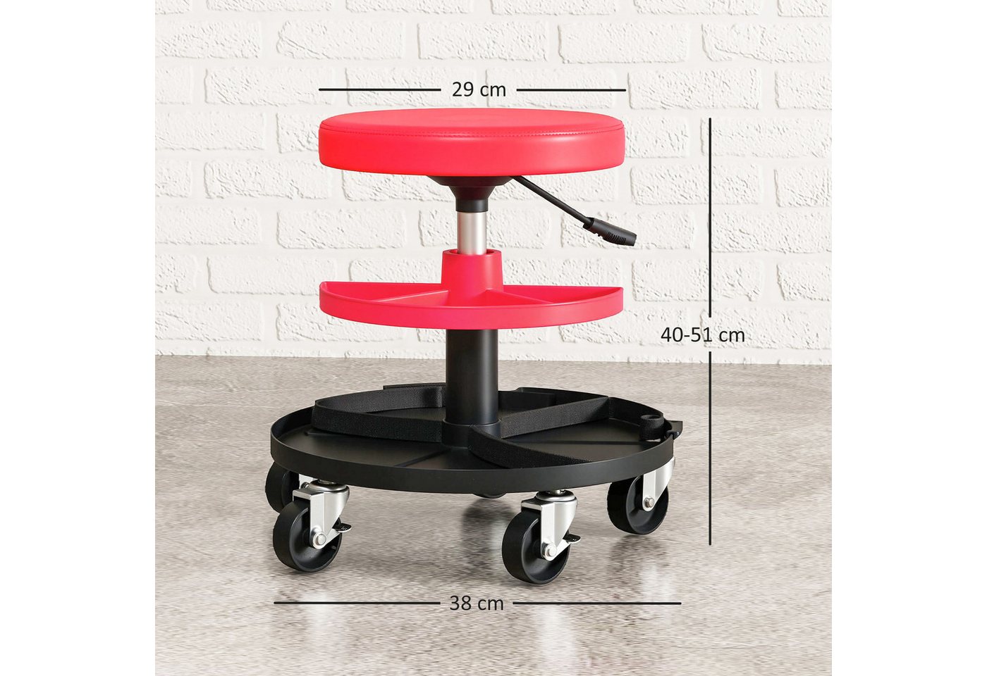 HOMCOM Montagehocker Arbeitshocker mit Rollen Tabletts drehbar Rollsitz Drehhocker (rollbarer Werkstatthocker, 1 St., höhenverstellbar 40-51cm Rollhocker), bis 135 kg belastbar, Ø38 cm Werkstattsitz für Werkstatt Rot Bild 3