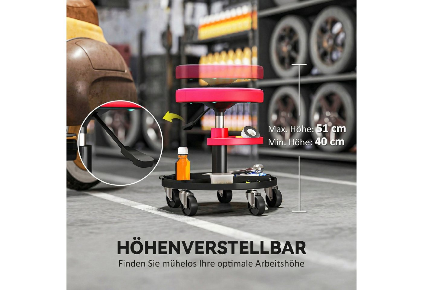 HOMCOM Montagehocker Arbeitshocker mit Rollen Tabletts drehbar Rollsitz Drehhocker (rollbarer Werkstatthocker, 1 St., höhenverstellbar 40-51cm Rollhocker), bis 135 kg belastbar, Ø38 cm Werkstattsitz für Werkstatt Rot Bild 4