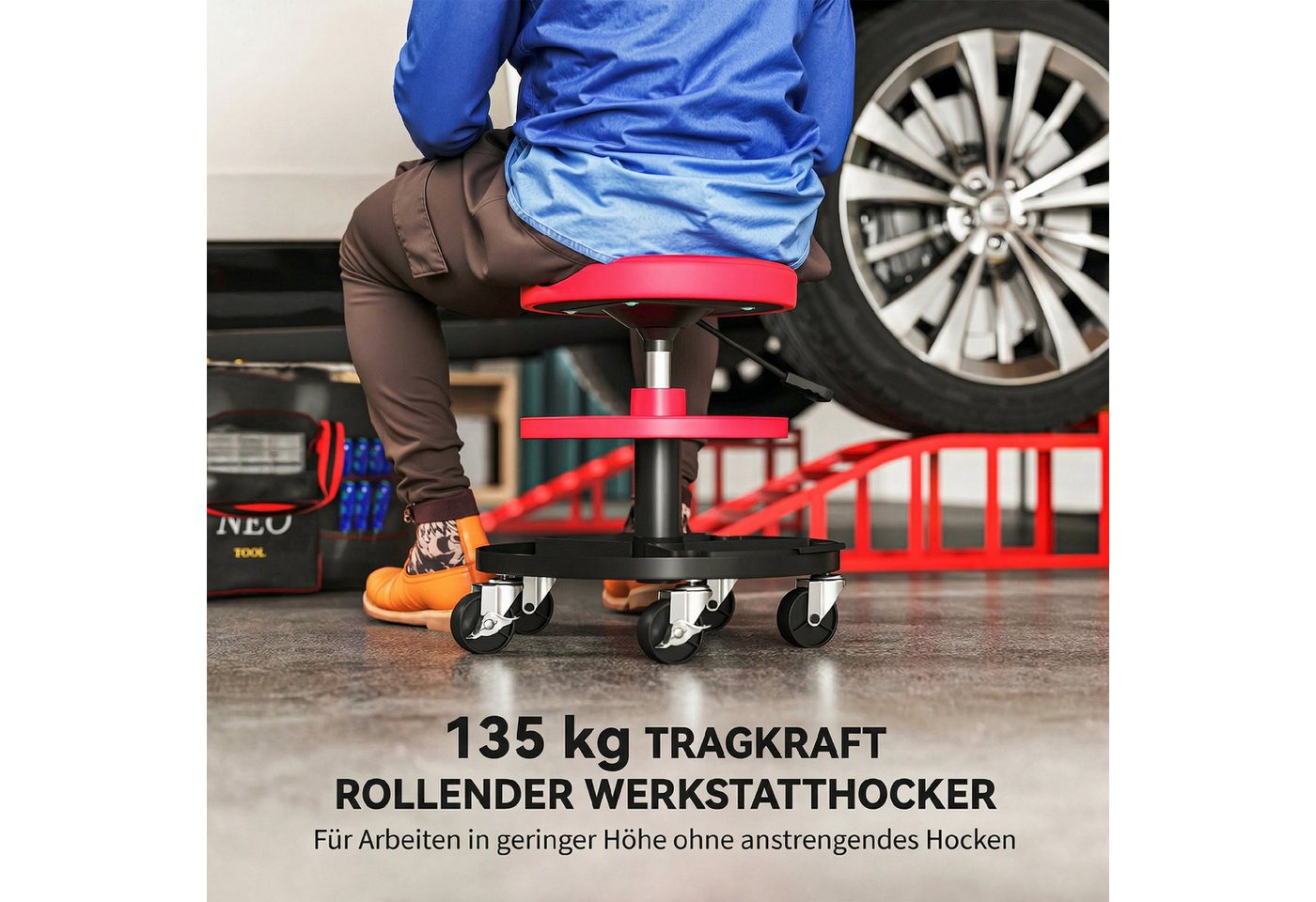 HOMCOM Montagehocker Arbeitshocker mit Rollen Tabletts drehbar Rollsitz Drehhocker (rollbarer Werkstatthocker, 1 St., höhenverstellbar 40-51cm Rollhocker), bis 135 kg belastbar, Ø38 cm Werkstattsitz für Werkstatt Rot Bild 5