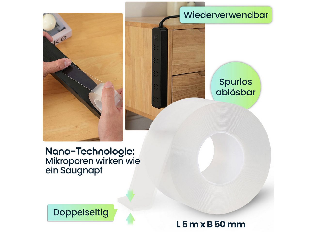 shop'n smile ideoon Klebeband Premium Nano-Klebeband doppelseitig 5mx50mm 110g/cm² Haltekraft (1-St., 1er-Set & 2er-Set) 5m Nano-Klebeband Doppelseitig, spurlos ablösbar/glatte Oberfläche Bild 2