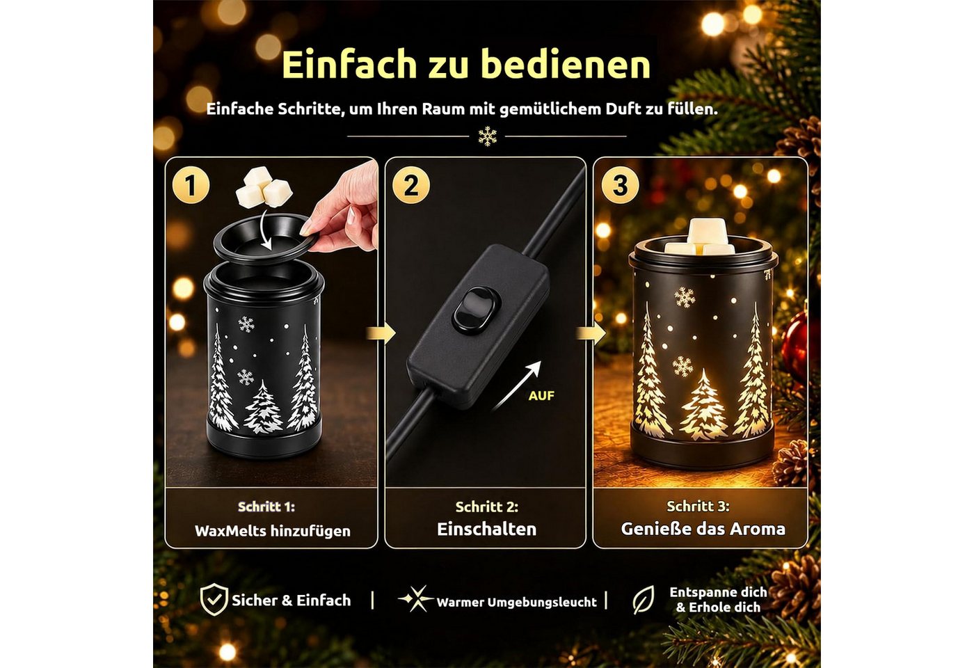 BlingBin Duftlampe Elektrische Duftlampe mit eingravierter Weihnachtsbaum-Gravur (1 Stück, 1 St., 15 × 10,3 × 10,3 cm), Aromalampe als Weihnachtsdekoration für Duftwachs Bild 2