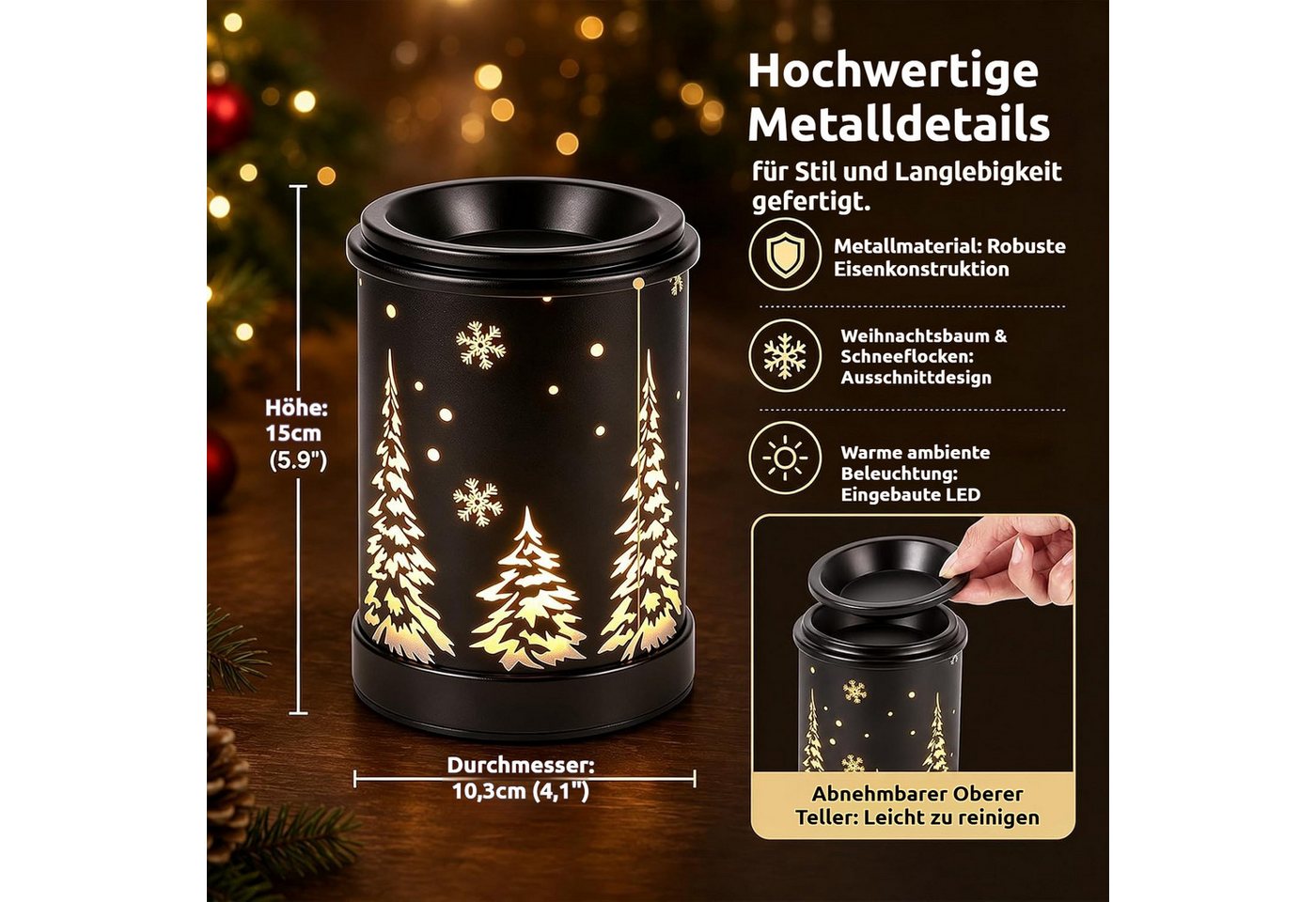 BlingBin Duftlampe Elektrische Duftlampe mit eingravierter Weihnachtsbaum-Gravur (1 Stück, 1 St., 15 × 10,3 × 10,3 cm), Aromalampe als Weihnachtsdekoration für Duftwachs Bild 4