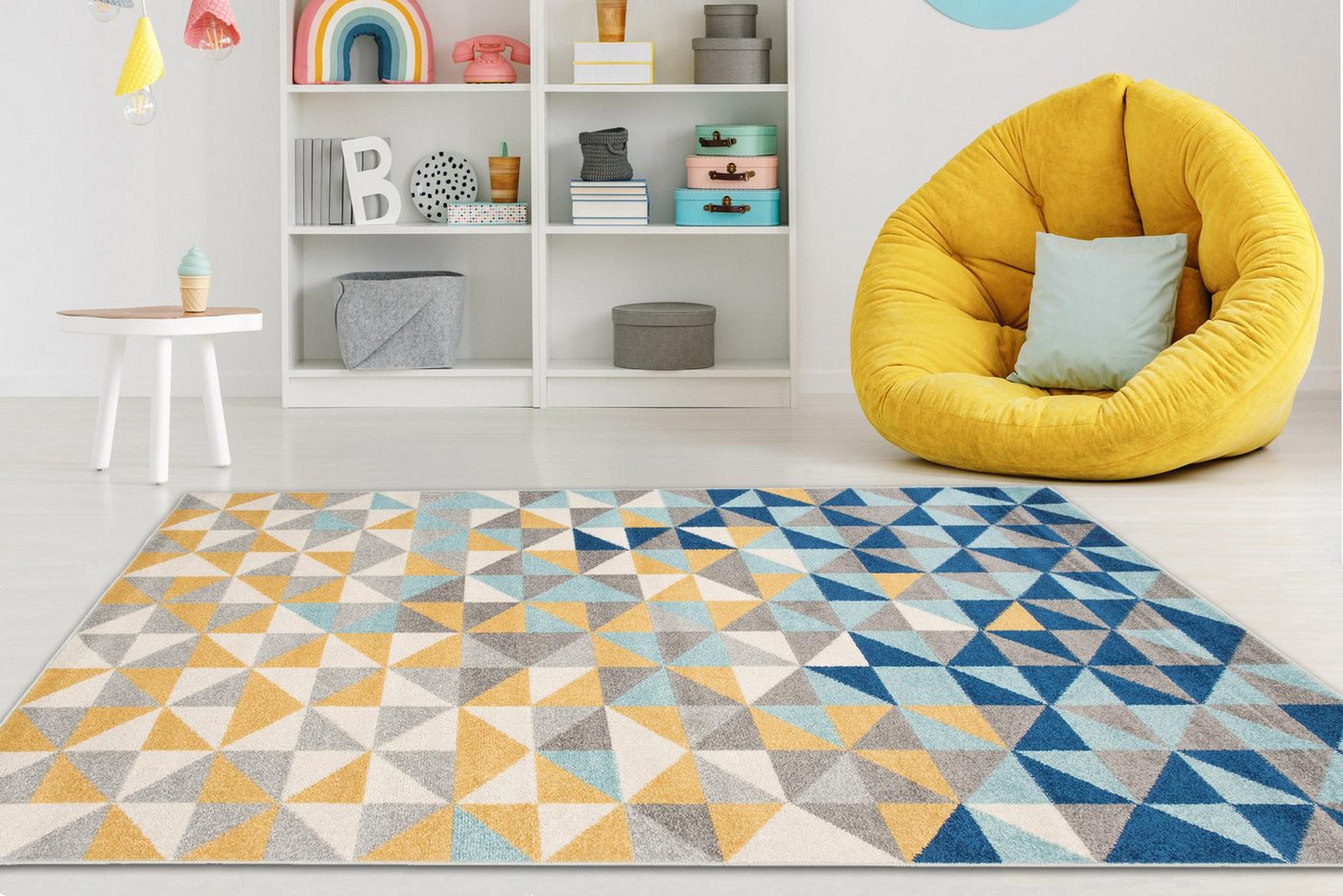 Mazovia Teppich Modern Geometrisch Blau Gelb Wohnzimmer, Schlafzimmer, Büro, Esszimmer, Fußbodenheizung Bild 5