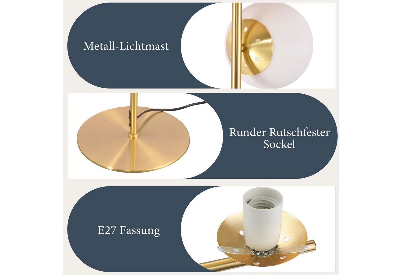 Nettlife Stehlampe Gold/Schwarz Glas Stehleuchte 1/3-flammig E27 Höhe 150cm 25/40W, mit Fußschalter, ohne Leuchtmittel, Wohnzimmer Schlafzimmer Büro Kinderzimmer Bild 2