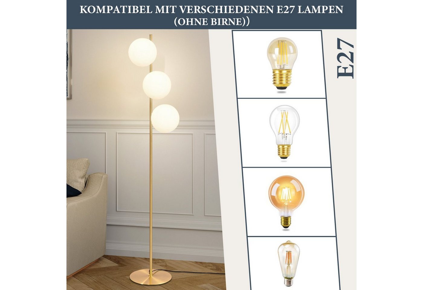 Nettlife Stehlampe Gold/Schwarz Glas Stehleuchte 1/3-flammig E27 Höhe 150cm 25/40W, mit Fußschalter, ohne Leuchtmittel, Wohnzimmer Schlafzimmer Büro Kinderzimmer Bild 3