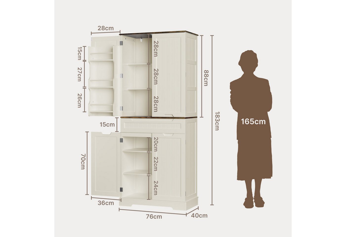 Bealife Küchenbuffet Küchen Hochschränke mit 4 Türen und 1/2 Schublade, H:180CM Bild 5