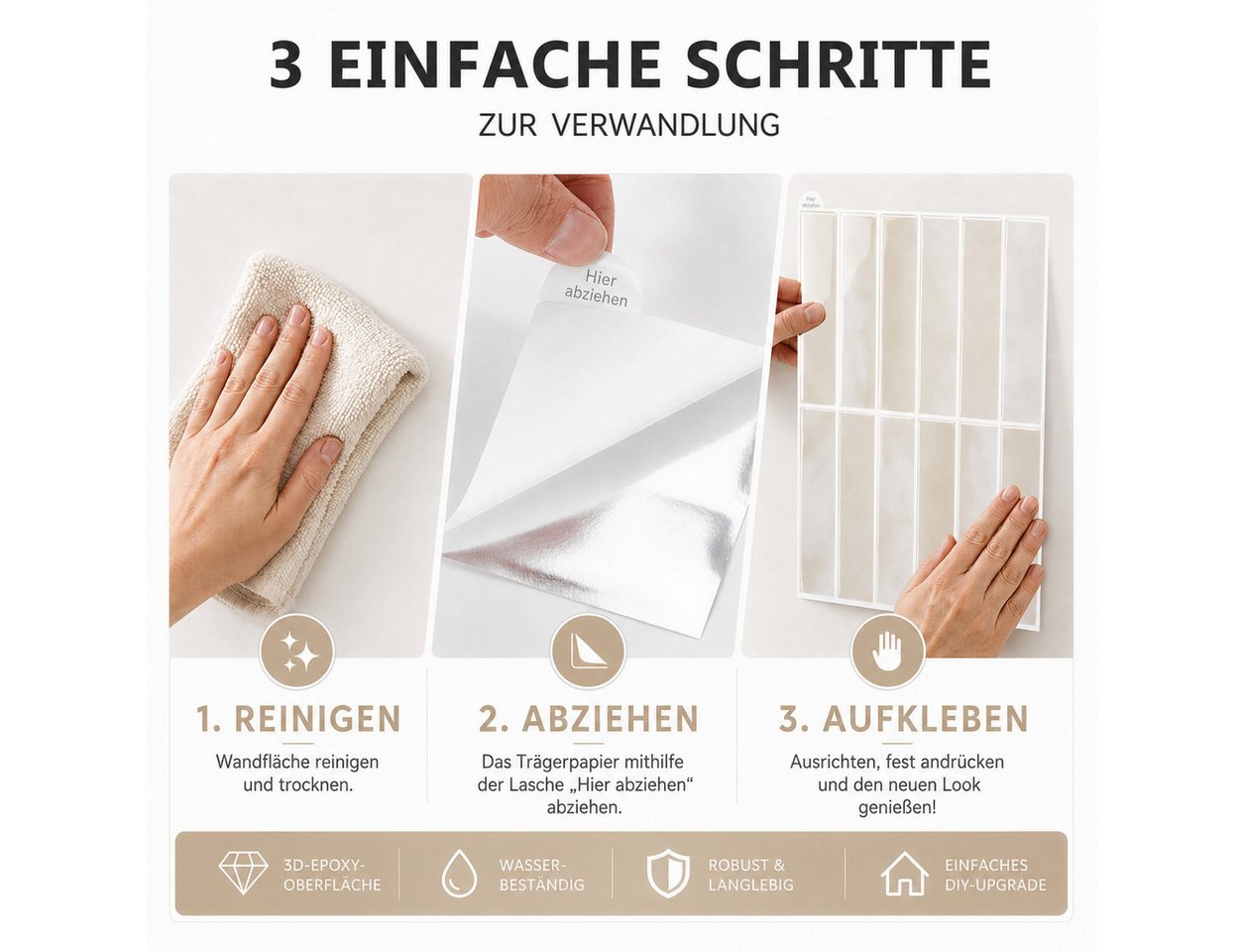 LEMLIT Fliesenaufkleber 10Stück Dickere Küchenfliesen Selbstklebende 3D Fliesenaufkleber (10 Stück, 10 St., 22,9x29cm,Fettbeständig, Einfach Zuschneidbar), für Bad,Küche,Wand Dekoration Wasserdicht,leicht zu Reinigen Bild 4