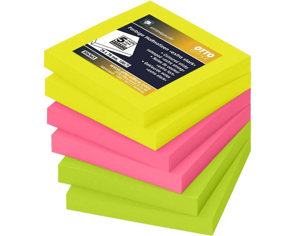 Otto Office Premium Haftnotizblock extra stark, 7,5x7,5 cm in Neonfarben, ablösbar und wiederholt selbstklebend Bild 3