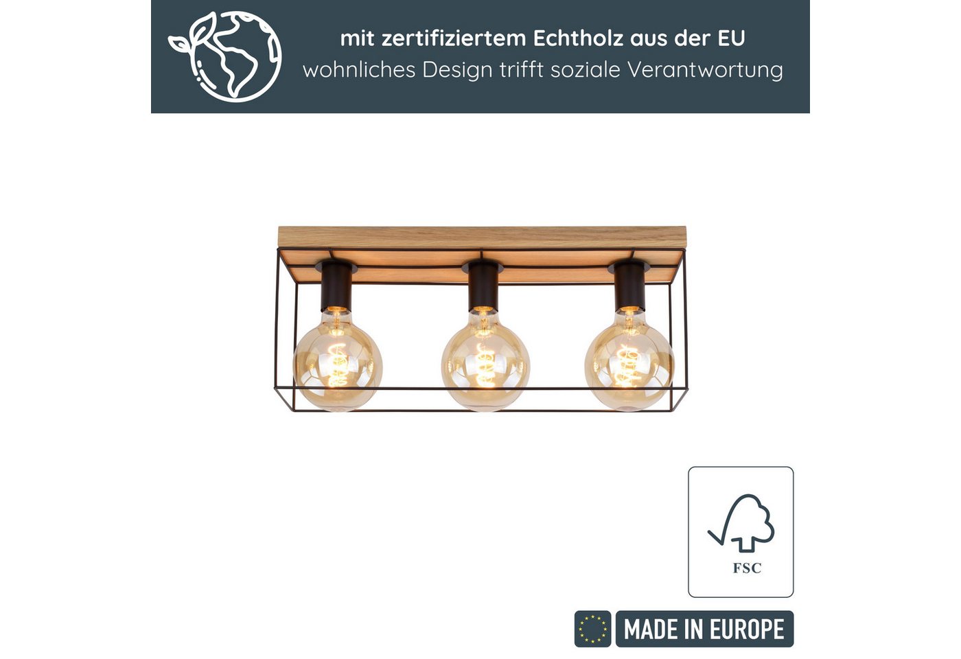 MeLiTec LED Deckenleuchte Holz Deckenbeleuchtung Gretter D130, Holz Deckenleuchte Gretter D130