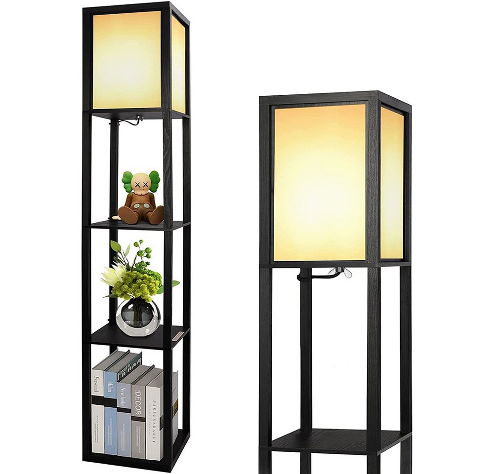 Sunicol LED Stehlampe Stehlampe aus Holz, Stehleuchte mit Regal, Holzablage mit E27 Fassung, Eckregal Regalbeleuchtung Retro für Wohnzimmer Schlafzimmer