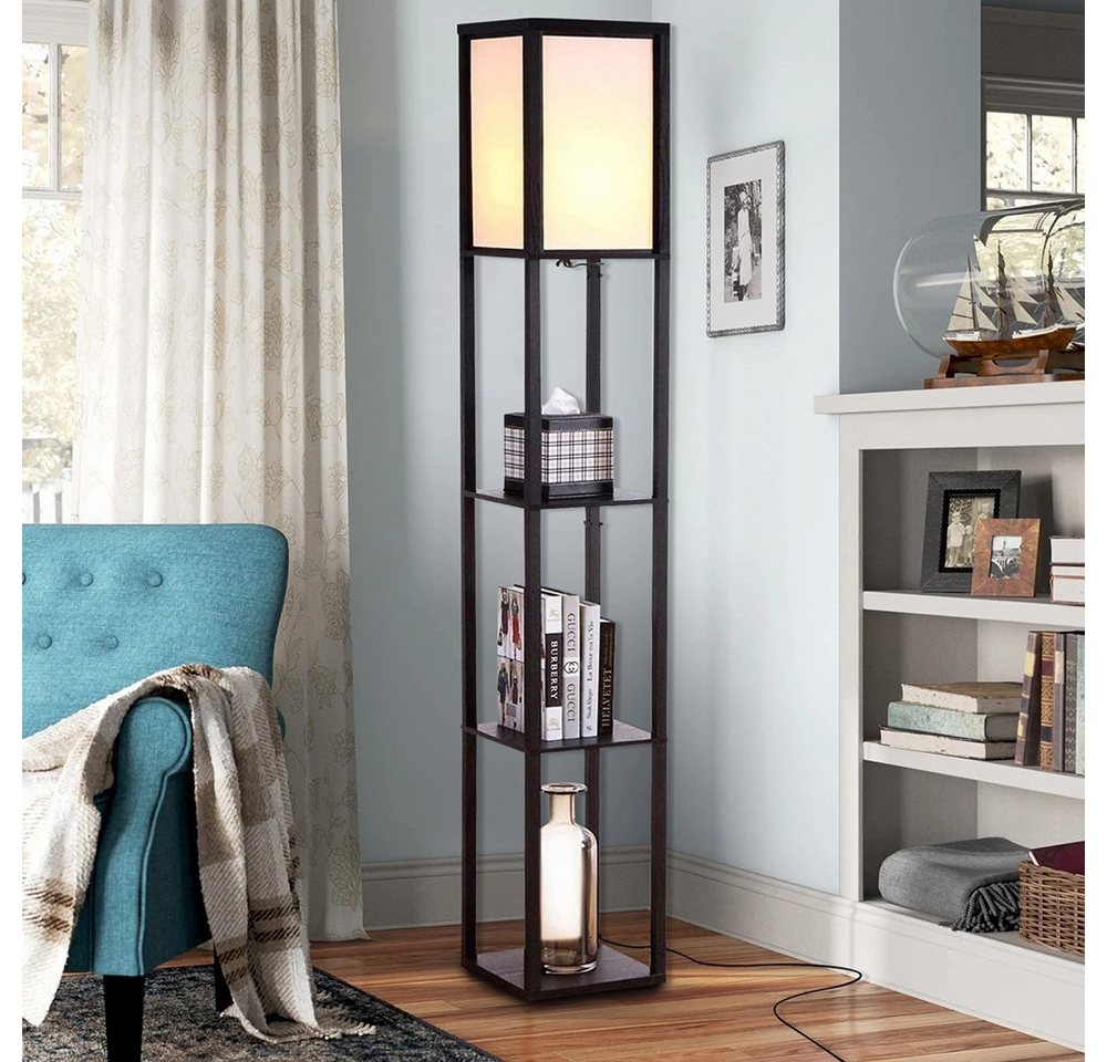 Sunicol LED Stehlampe Stehlampe aus Holz, Stehleuchte mit Regal, Holzablage mit E27 Fassung, Eckregal Regalbeleuchtung Retro für Wohnzimmer Schlafzimmer Bild 3
