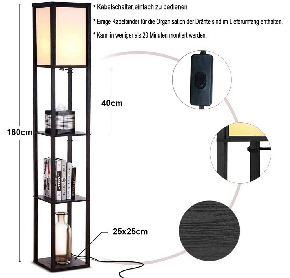 Sunicol LED Stehlampe Stehlampe aus Holz, Stehleuchte mit Regal, Holzablage mit E27 Fassung, Eckregal Regalbeleuchtung Retro für Wohnzimmer Schlafzimmer Bild 5