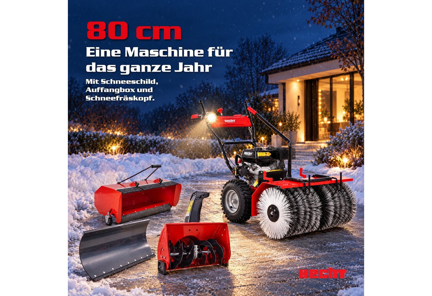 Hecht Benzin-Kehrmaschine 8680 SE mit Auffangbehälter, Schneeschild, Schneefräse, 80,00 cm Arbeitsbreite, (4-tlg), 6,5 PS, LED-Scheinwerfer, Elektrostarter Bild 2