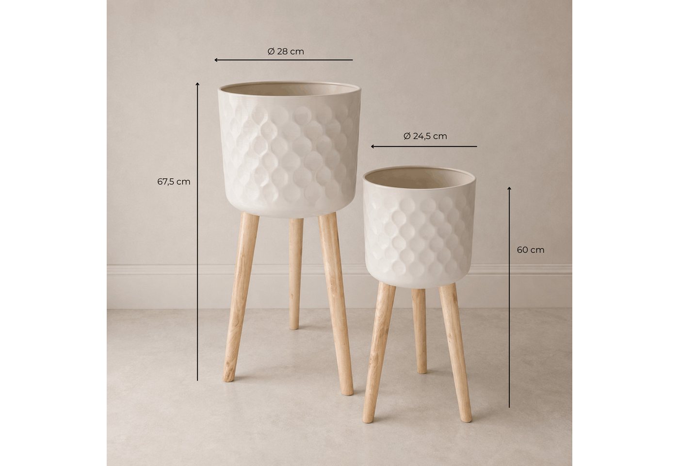 matches21 HOME & HOBBY Blumentopf Blumentöpfe 2er Set Beige Ø 24,5 x 60 cm & 28 x 67,5 cm mit Füßen (2 St), Übertöpfe aus Metall mit Holz Beinen Bild 3