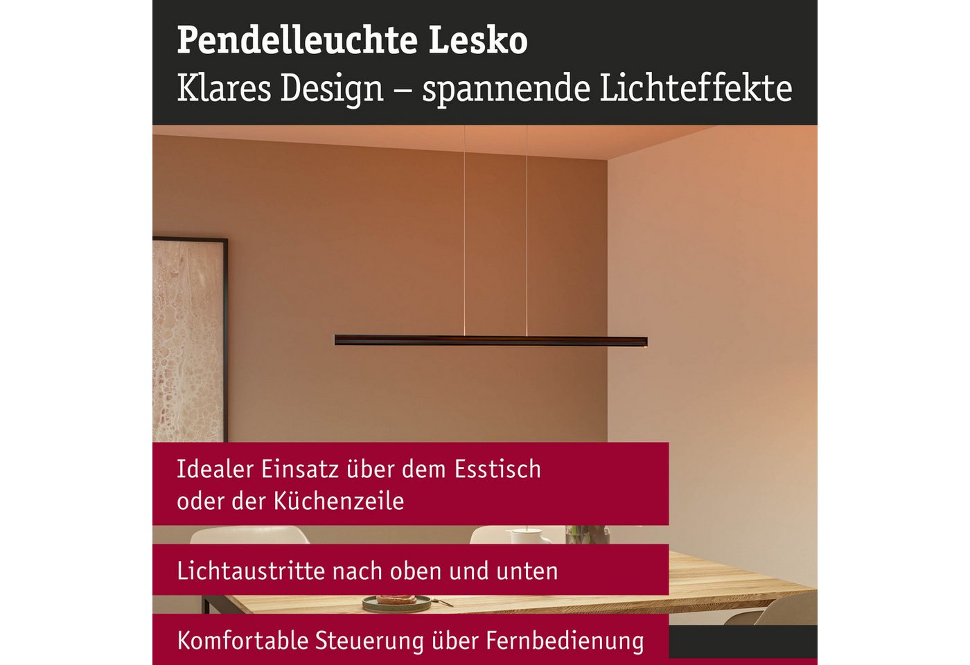 Paulmann LED Pendelleuchte LED Pendelleuchte Lesko RGBW+ dimmbar 1400lm / 120lm 19W / 3W Schwarz