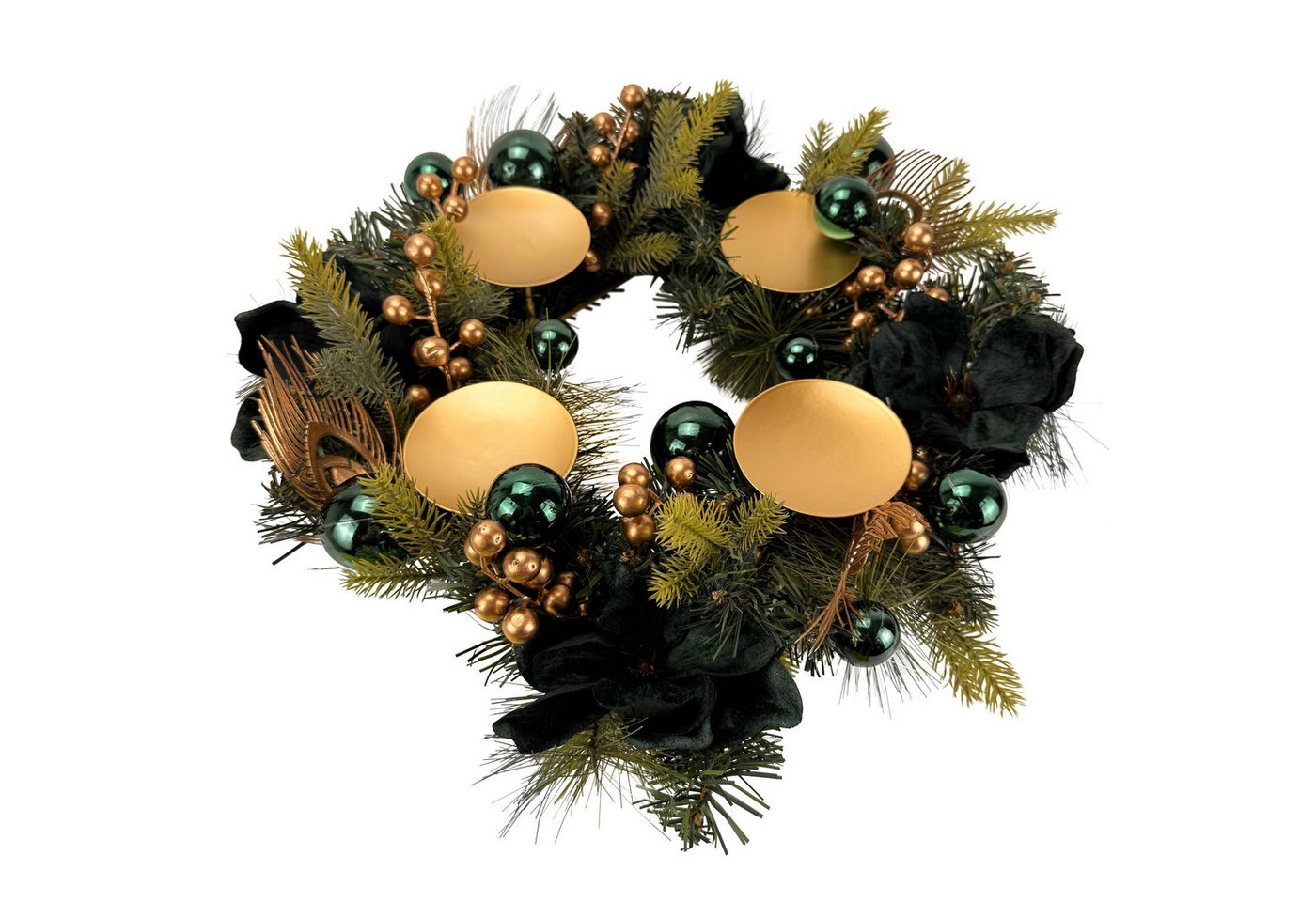 Online-Fuchs Adventskranz fertig dekoriert für Stumpenkerzen - künstlich - Silber oder Salbei, begeistert mit dichtem Tannengrün und einer harmonischen Dekoration