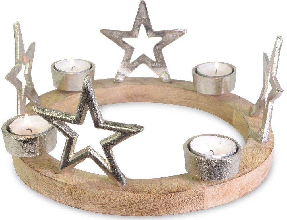 RIFFELMACHER & WEINBERGER Adventskranz Kerzenhalter mit Sternen für Teelichter Ø 25 cm 75219, Silber - Holz