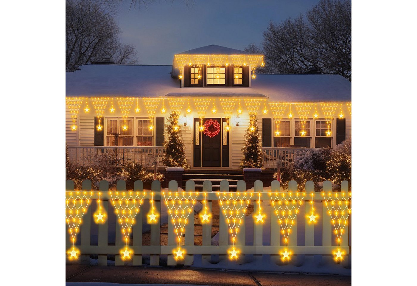 Merry 2024 LED-Lichterkette LED Lichtervorhang Sterne,LED-Weihnachtslichterkette,Weihnachtsdeko, Weihnachtsbeleuchtung, 8 Modi,mit 12 funkelnden Sternentropfen