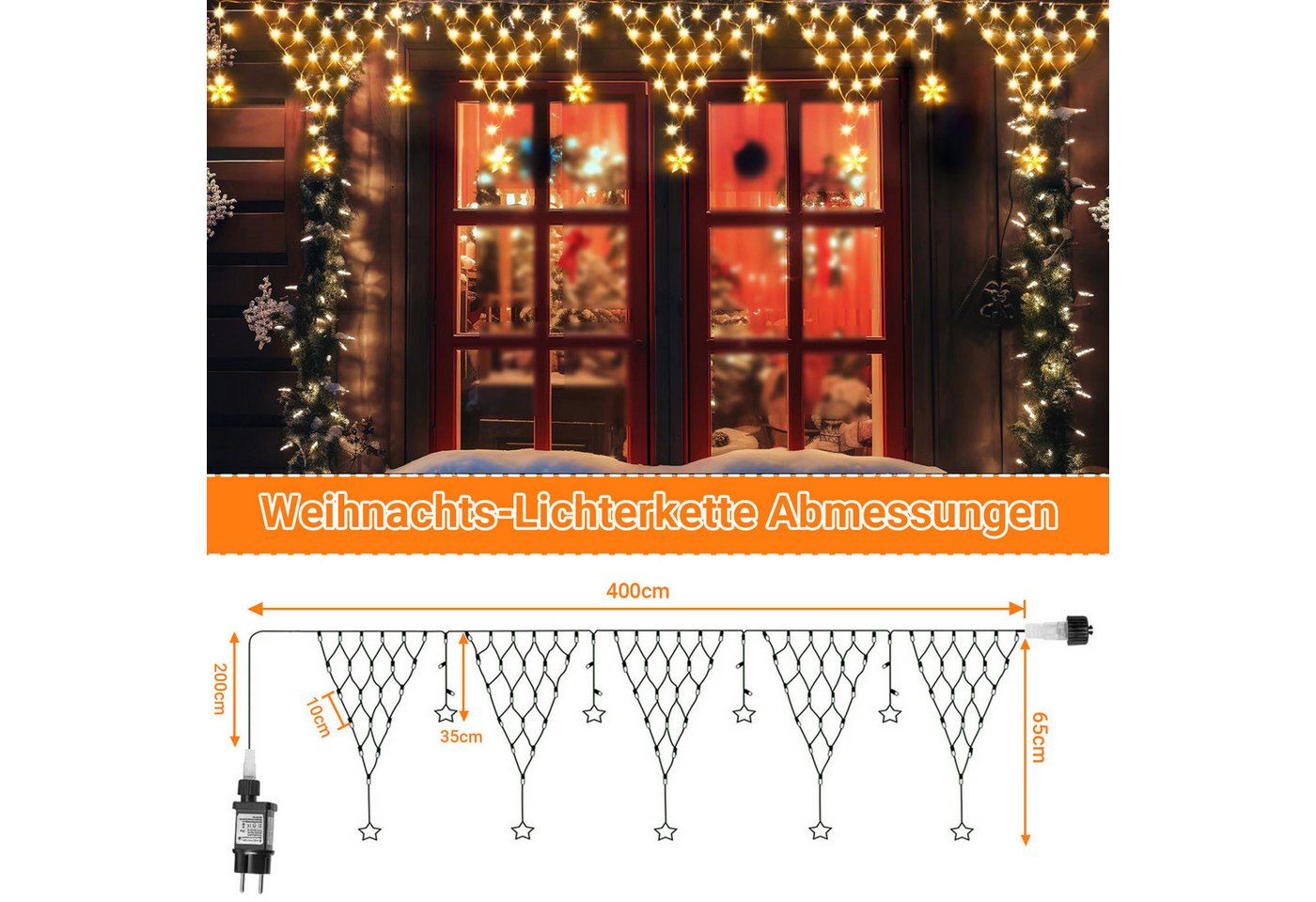 Merry 2024 LED-Lichterkette LED Lichtervorhang Sterne,LED-Weihnachtslichterkette,Weihnachtsdeko, Weihnachtsbeleuchtung, 8 Modi,mit 12 funkelnden Sternentropfen Bild 2