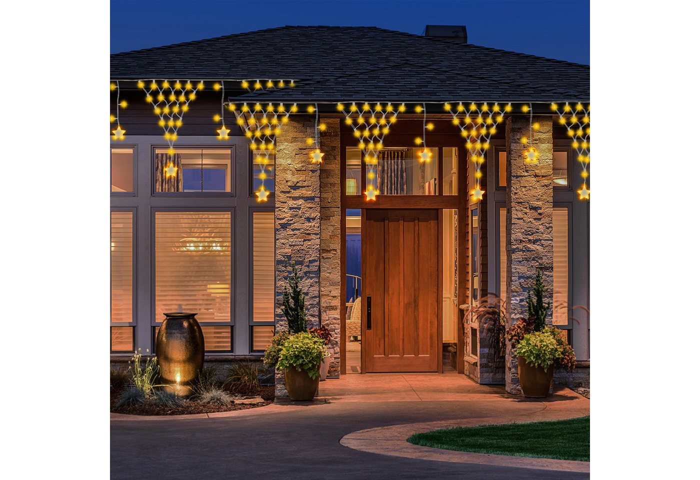 Merry 2024 LED-Lichterkette LED Lichtervorhang Sterne,LED-Weihnachtslichterkette,Weihnachtsdeko, Weihnachtsbeleuchtung, 8 Modi,mit 12 funkelnden Sternentropfen Bild 3