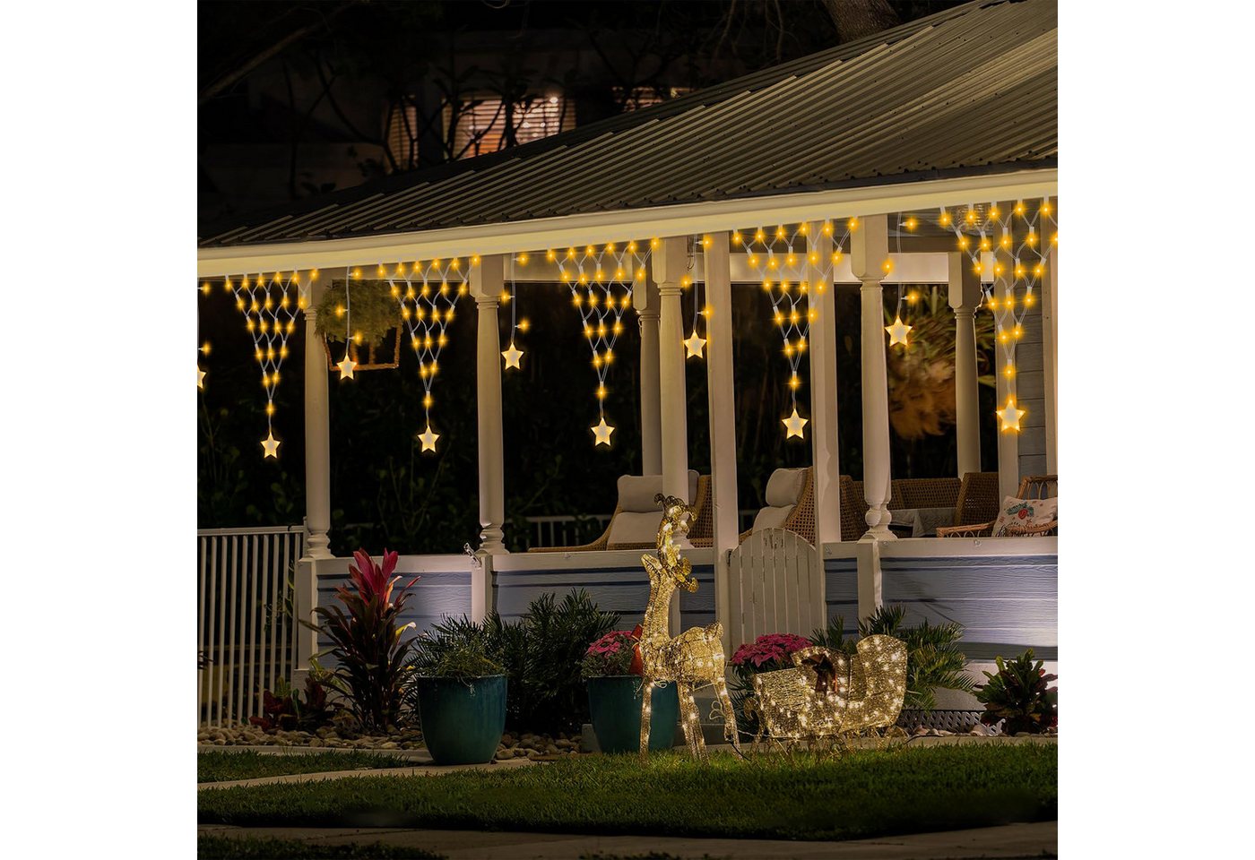 Merry 2024 LED-Lichterkette LED Lichtervorhang Sterne,LED-Weihnachtslichterkette,Weihnachtsdeko, Weihnachtsbeleuchtung, 8 Modi,mit 12 funkelnden Sternentropfen Bild 5