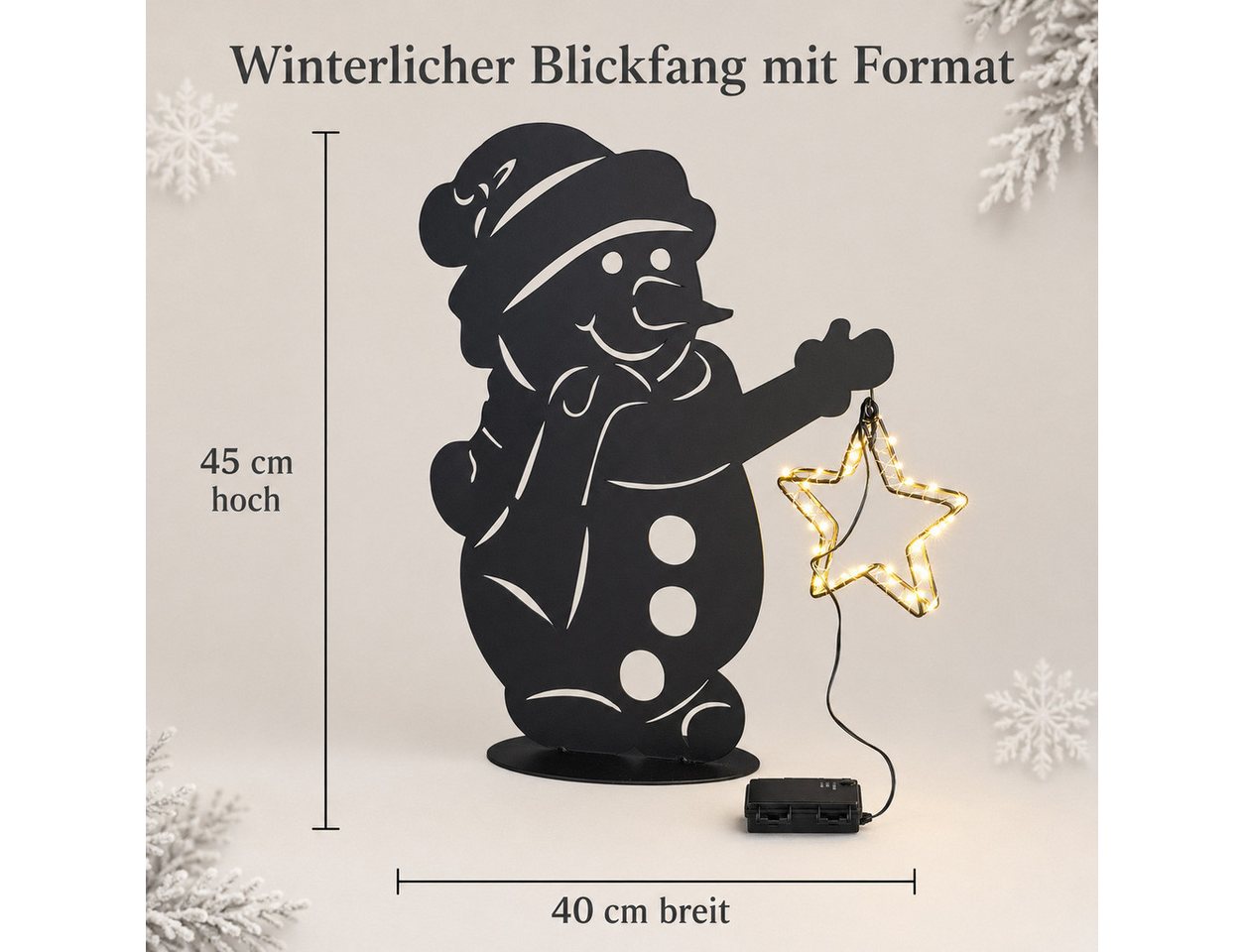 formano LED Dekolicht LED-Schneemann mit Leuchtstern und Timer, schwarzes Metall, 46 cm, LED fest integriert