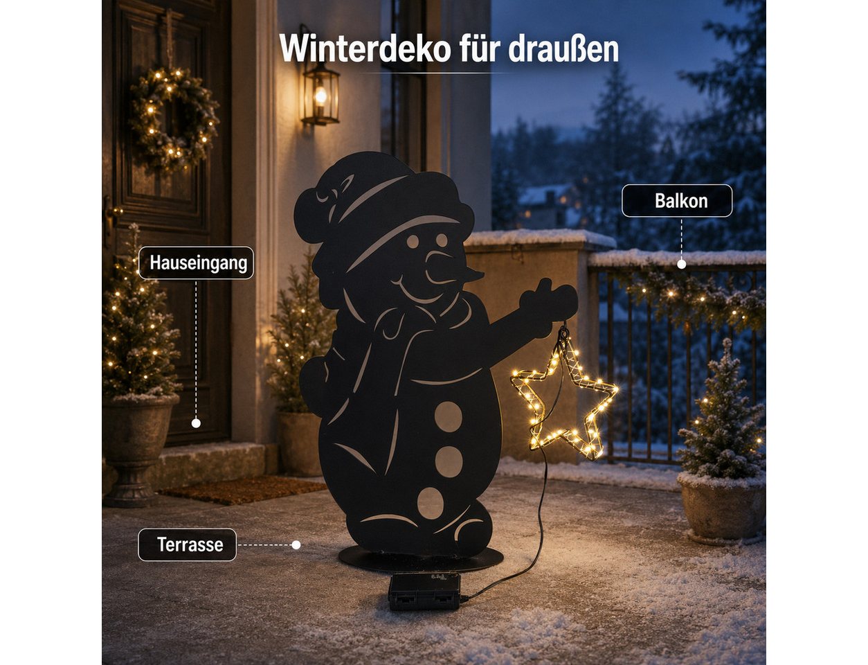 formano LED Dekolicht LED-Schneemann mit Leuchtstern und Timer, schwarzes Metall, 46 cm, LED fest integriert Bild 2