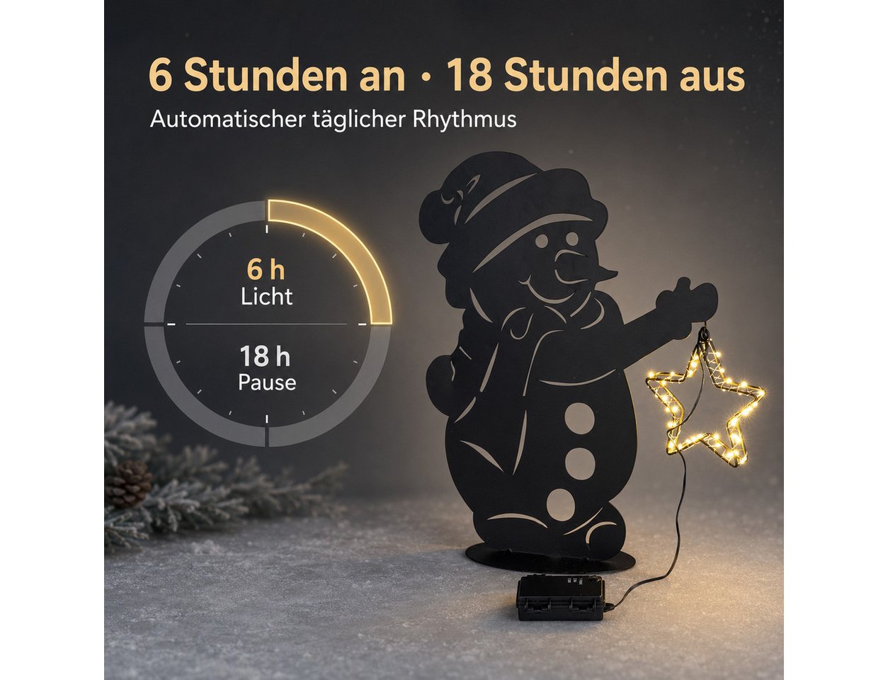 formano LED Dekolicht LED-Schneemann mit Leuchtstern und Timer, schwarzes Metall, 46 cm, LED fest integriert Bild 3