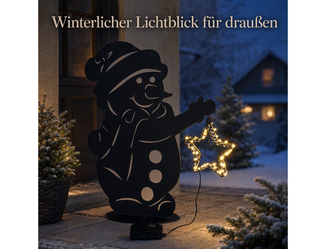 formano LED Dekolicht LED-Schneemann mit Leuchtstern und Timer, schwarzes Metall, 46 cm, LED fest integriert Bild 4