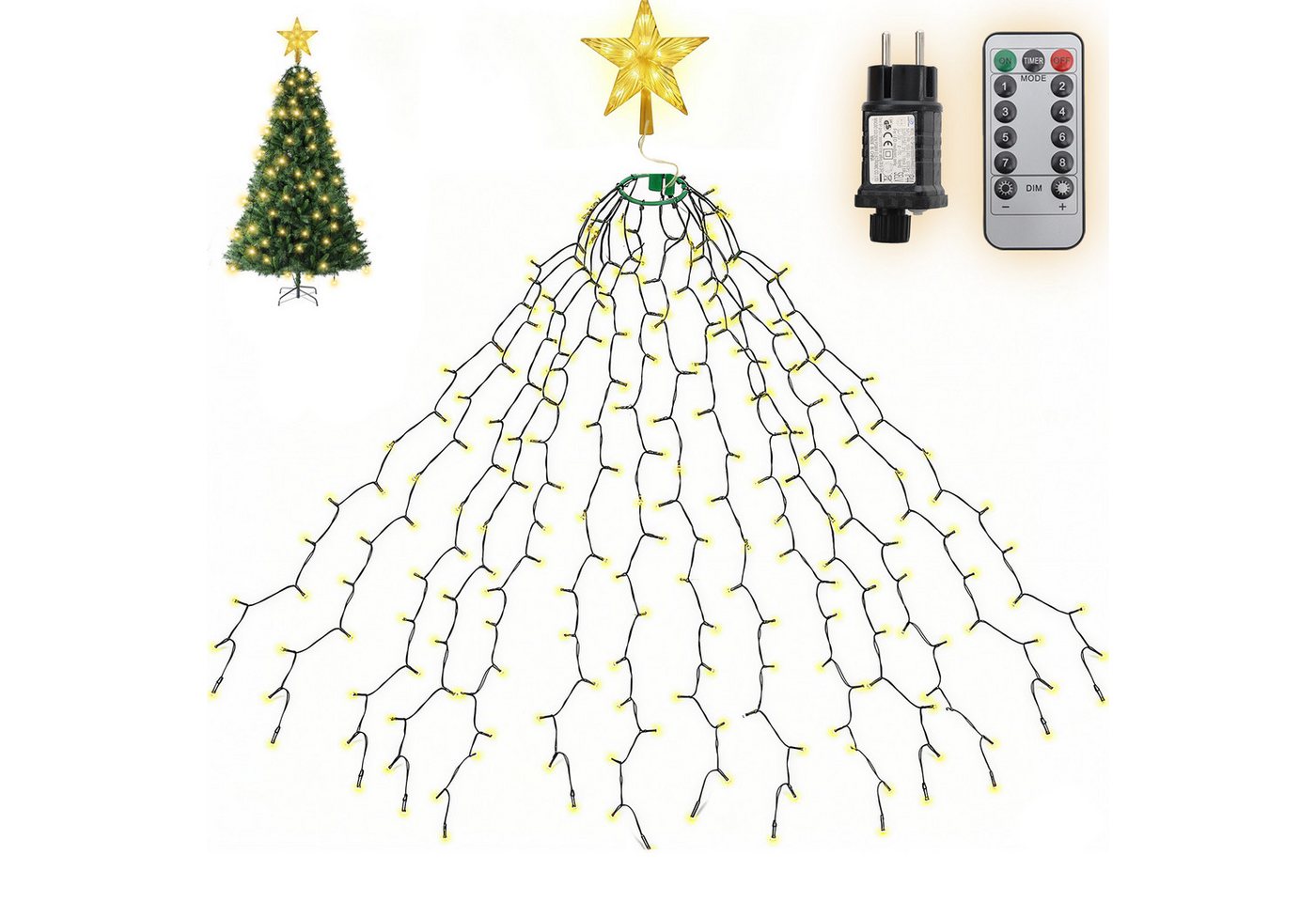 Salcar LED-Lichterkette LED Lichterkette Weihnachtsbaum mit Ring weihnachtsbaumbeleuchtung, Fernbedienung 3m 500 LED mit 14 Girlanden mit Baumspitze-Stern Bild 3