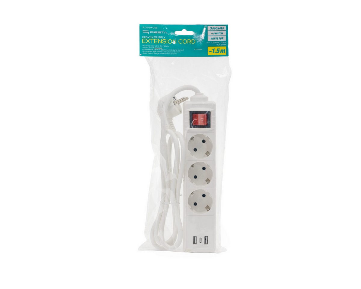 Fiesta Steckdosenleiste 3-fach (Ein Aus Schalter, USB Ladefunktion, Kindersicherung, Überspannungsschutz, Kabellänge 1,5 m), 3 Steckdosen mit USB A und USB C Ladefunktion Bild 4