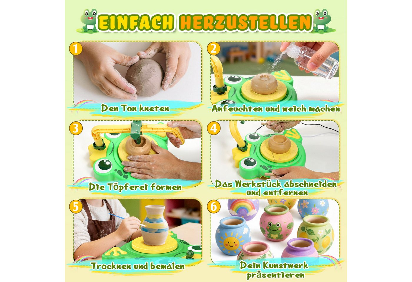 Wootoy Kreativset Modelliermasse Kinder Töpferscheibe Set mit 2 Geschwindigkeiten, (mit Töpferscheibe lufttrocknendem Ton Farben Werkzeugen und Schürze, Links-/Rechtslauf zwei Geschwindigkeitsstufen und Fußpedal), Ideal für gemeinsame Bastelprojekte individuelle Kunstwerke