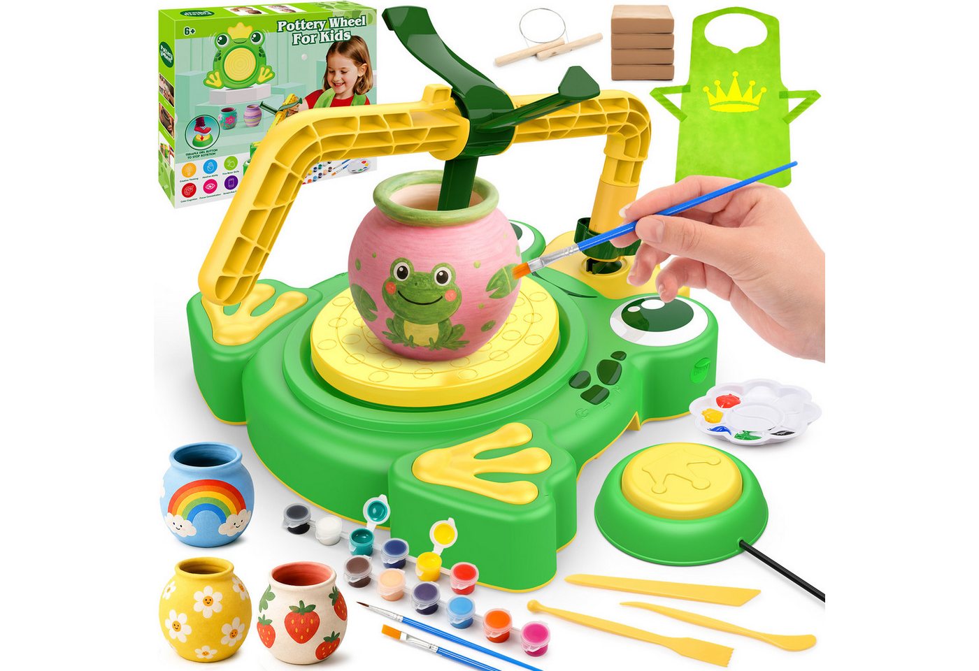 Wootoy Kreativset Modelliermasse Kinder Töpferscheibe Set mit 2 Geschwindigkeiten, (mit Töpferscheibe lufttrocknendem Ton Farben Werkzeugen und Schürze, Links-/Rechtslauf zwei Geschwindigkeitsstufen und Fußpedal), Ideal für gemeinsame Bastelprojekte individuelle Kunstwerke Bild 2