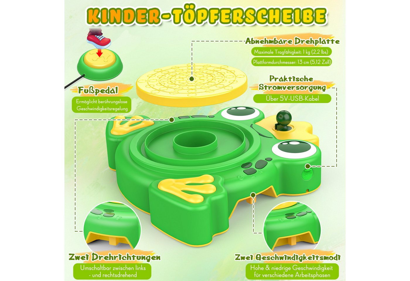 Wootoy Kreativset Modelliermasse Kinder Töpferscheibe Set mit 2 Geschwindigkeiten, (mit Töpferscheibe lufttrocknendem Ton Farben Werkzeugen und Schürze, Links-/Rechtslauf zwei Geschwindigkeitsstufen und Fußpedal), Ideal für gemeinsame Bastelprojekte individuelle Kunstwerke Bild 3