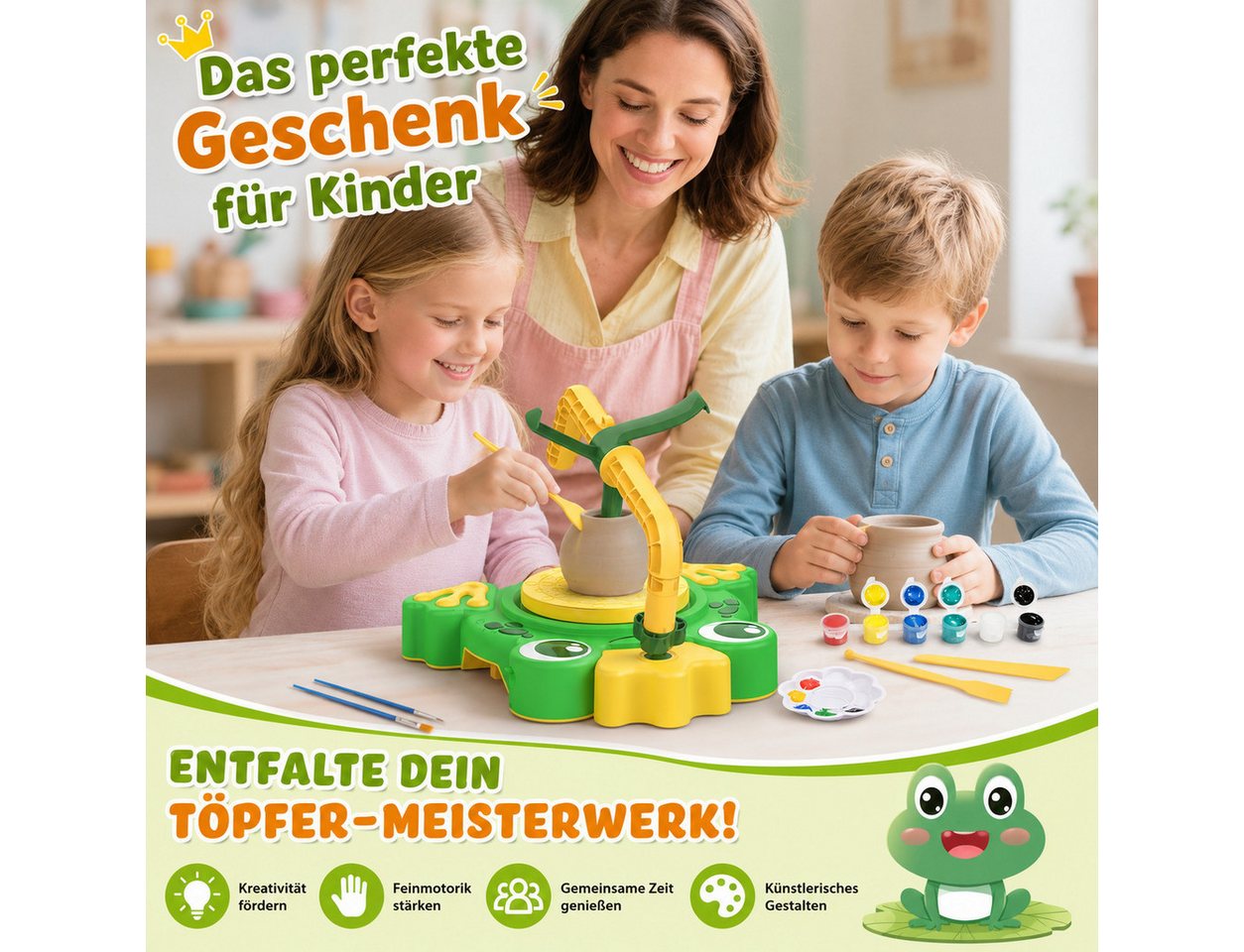 Wootoy Kreativset Modelliermasse Kinder Töpferscheibe Set mit 2 Geschwindigkeiten, (mit Töpferscheibe lufttrocknendem Ton Farben Werkzeugen und Schürze, Links-/Rechtslauf zwei Geschwindigkeitsstufen und Fußpedal), Ideal für gemeinsame Bastelprojekte individuelle Kunstwerke Bild 4