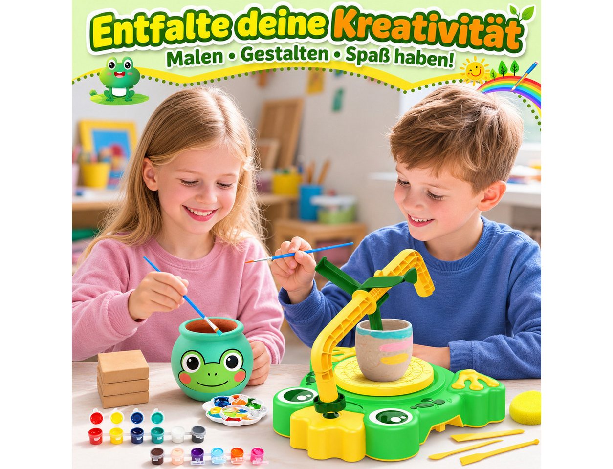 Wootoy Kreativset Modelliermasse Kinder Töpferscheibe Set mit 2 Geschwindigkeiten, (mit Töpferscheibe lufttrocknendem Ton Farben Werkzeugen und Schürze, Links-/Rechtslauf zwei Geschwindigkeitsstufen und Fußpedal), Ideal für gemeinsame Bastelprojekte individuelle Kunstwerke Bild 5