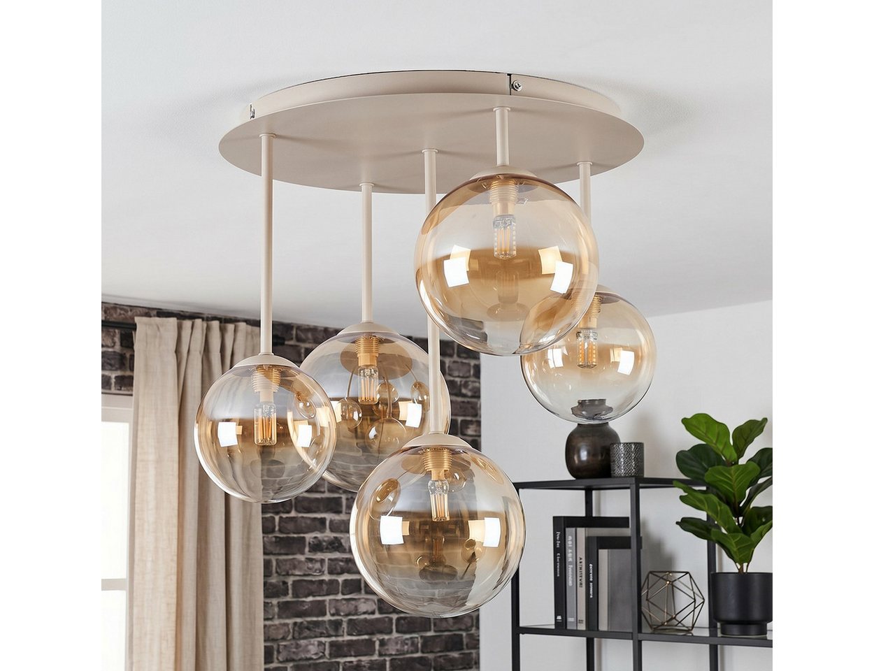 hofstein Deckenleuchte Deckenlampe aus Metall/Glas in Sandfarben/Weiß/Bernsteinfarben/Klar, moderne Deckenleuchte im Retro/Vintage-Design, 5 x G9