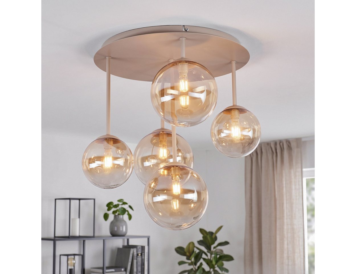 hofstein Deckenleuchte Deckenlampe aus Metall/Glas in Sandfarben/Weiß/Bernsteinfarben/Klar, moderne Deckenleuchte im Retro/Vintage-Design, 5 x G9 Bild 2