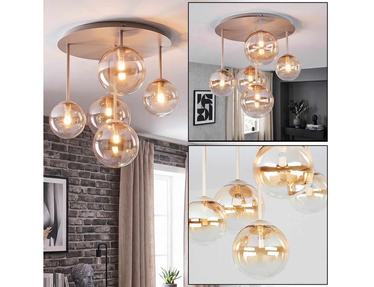 hofstein Deckenleuchte Deckenlampe aus Metall/Glas in Sandfarben/Weiß/Bernsteinfarben/Klar, moderne Deckenleuchte im Retro/Vintage-Design, 5 x G9 Bild 5