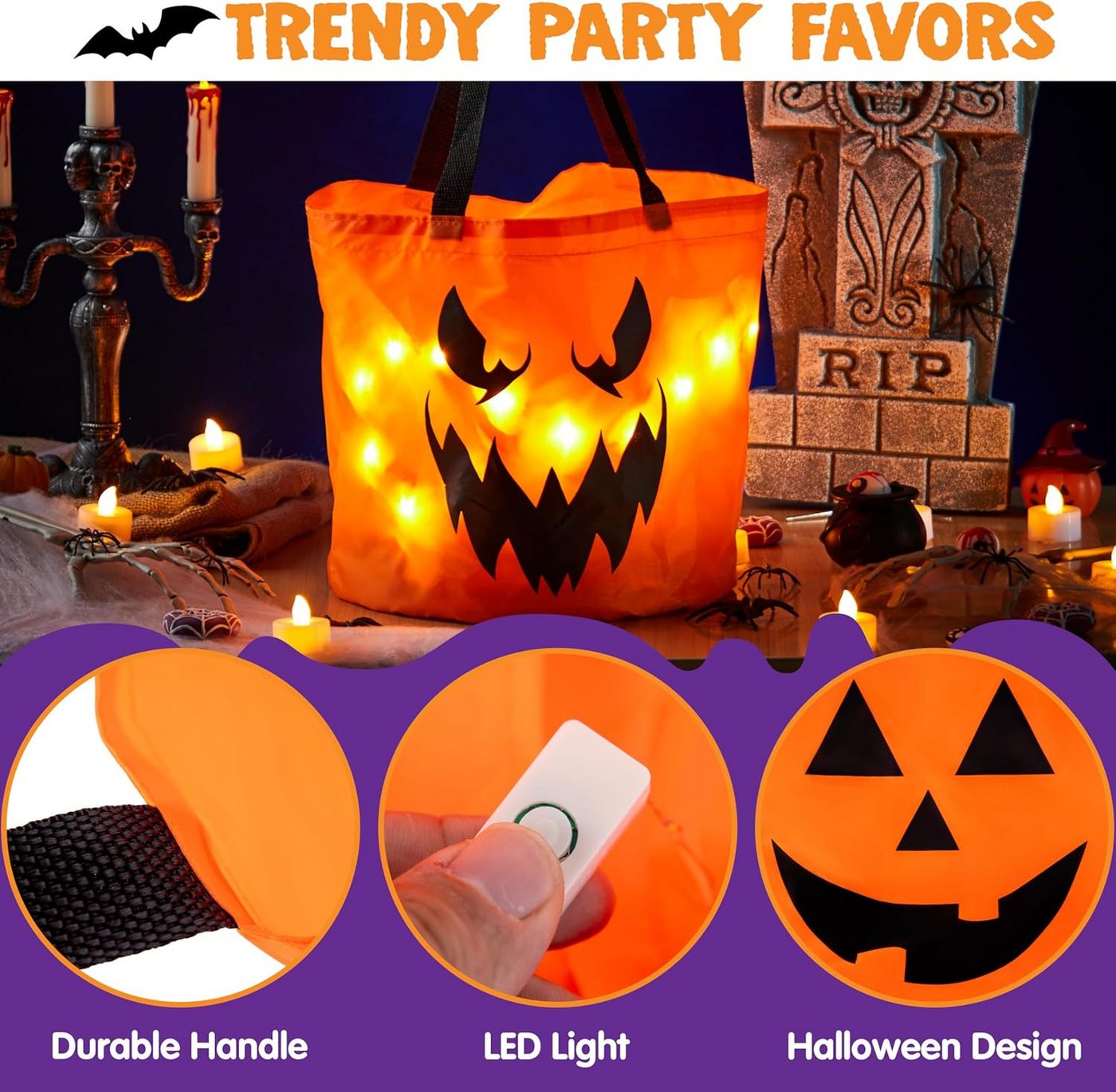 JOYIN Geschenk-Tragetasche JOYIN 3 Stk. Halloween Kürbiseimer mit LED, orange mit Griff