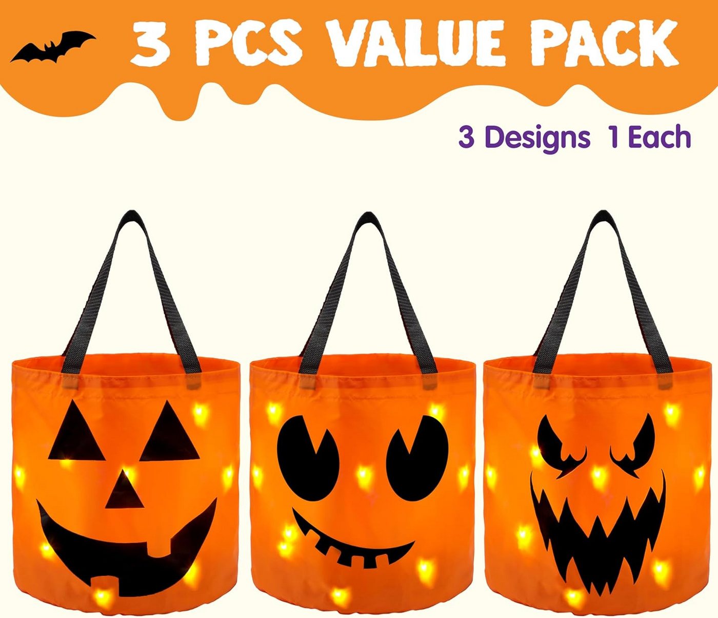 JOYIN Geschenk-Tragetasche JOYIN 3 Stk. Halloween Kürbiseimer mit LED, orange mit Griff Bild 4
